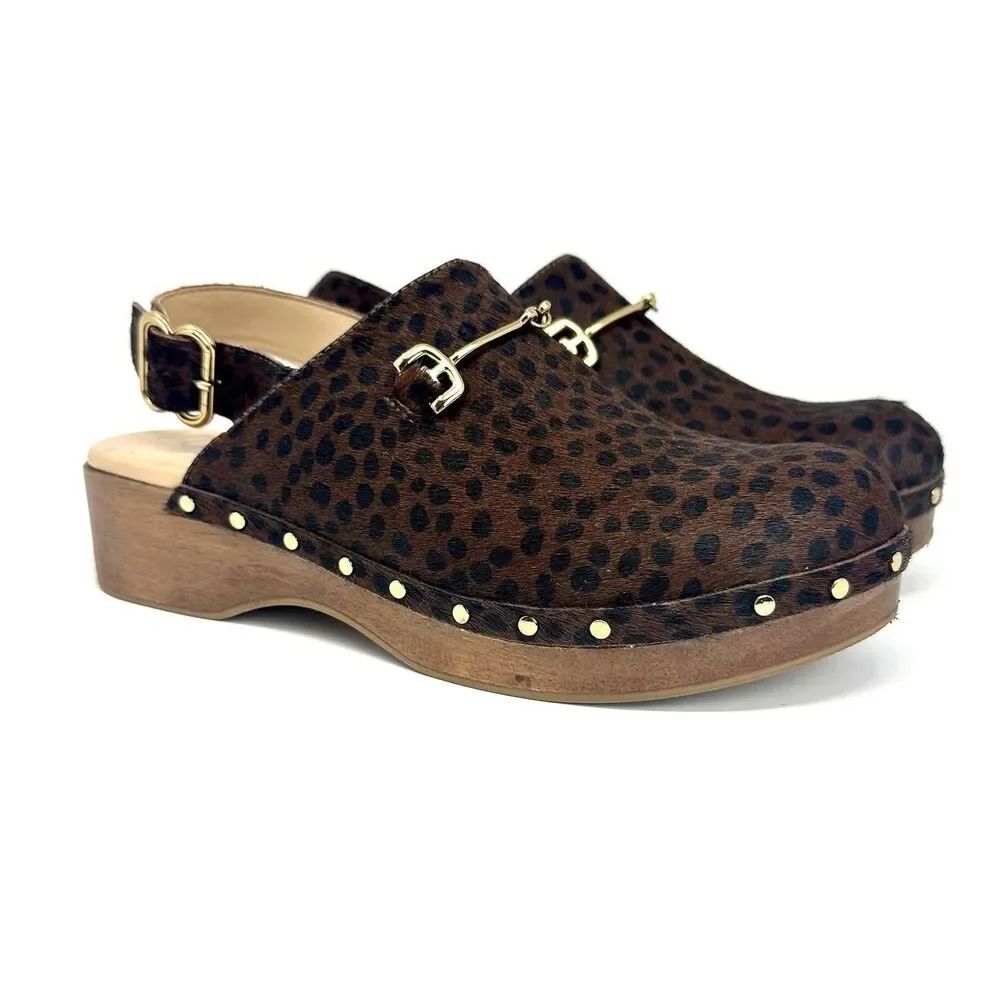 Sam Edelman Hiloa Leopard Calf Hair Slingback Clogs Studded Wood Heel Women’s 7
